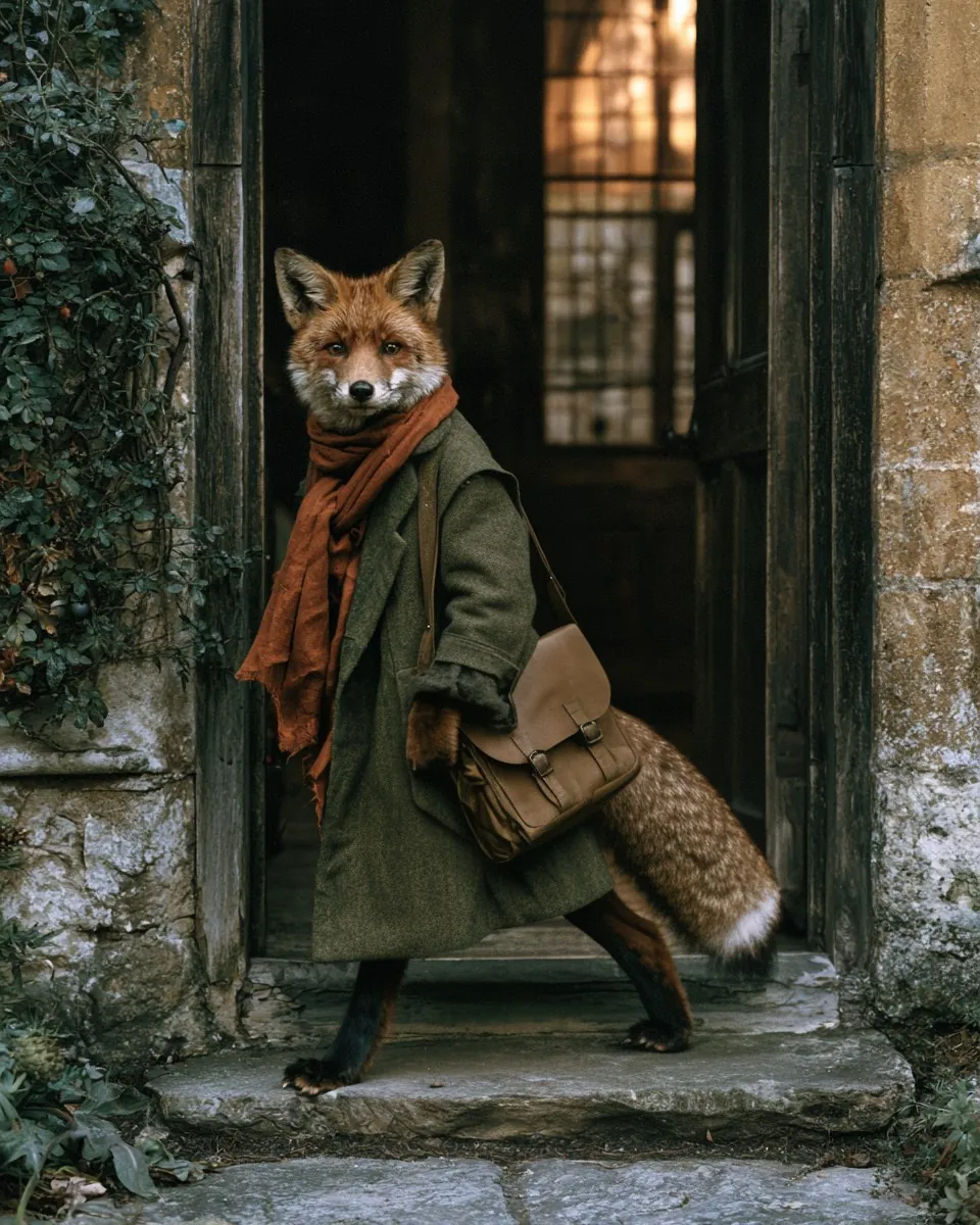Ein Fuchs mit Mantel überschreitet eine Türschwelle.