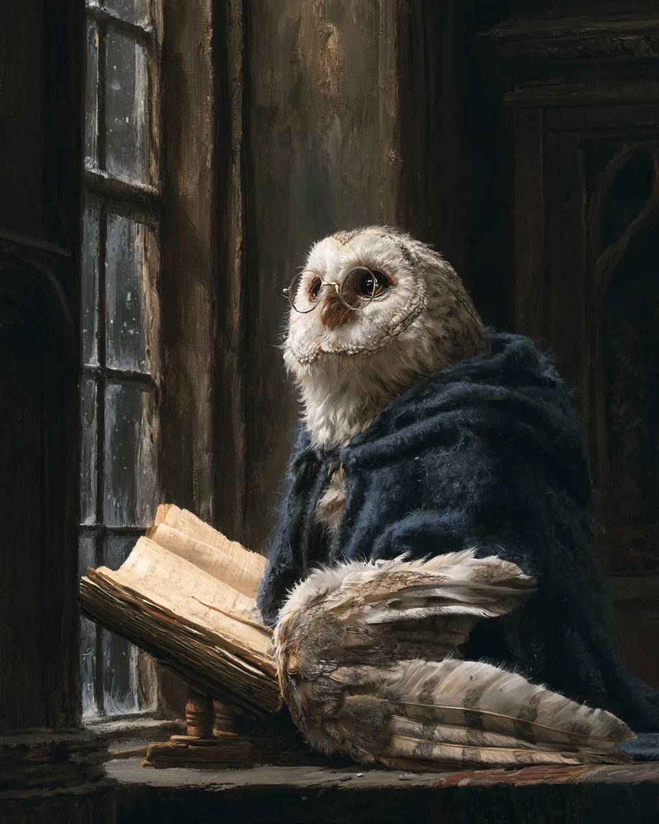 Eine Eule mit Brille liest ein Buch.