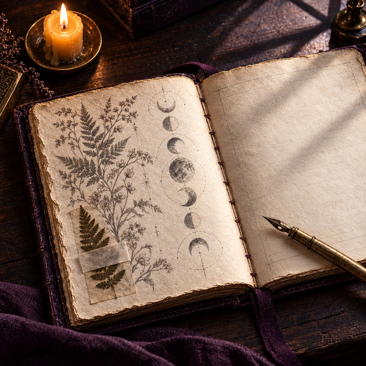 Ein offenes Grimoire mit Pflanzen und Mondphasen.