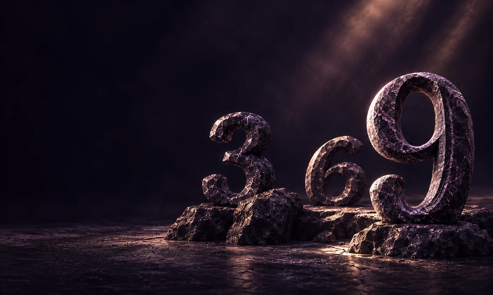 Die Zahlen 3, 6 und 9 aus dunklem Amethyst.